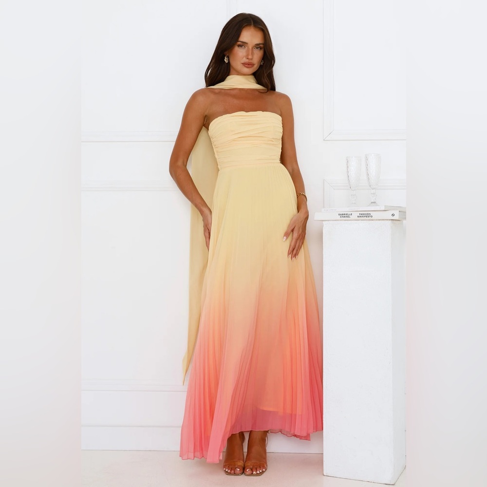 Hello Molly SUNSET MAGIC STRAPLESS PLEATED MAXI DRESS.